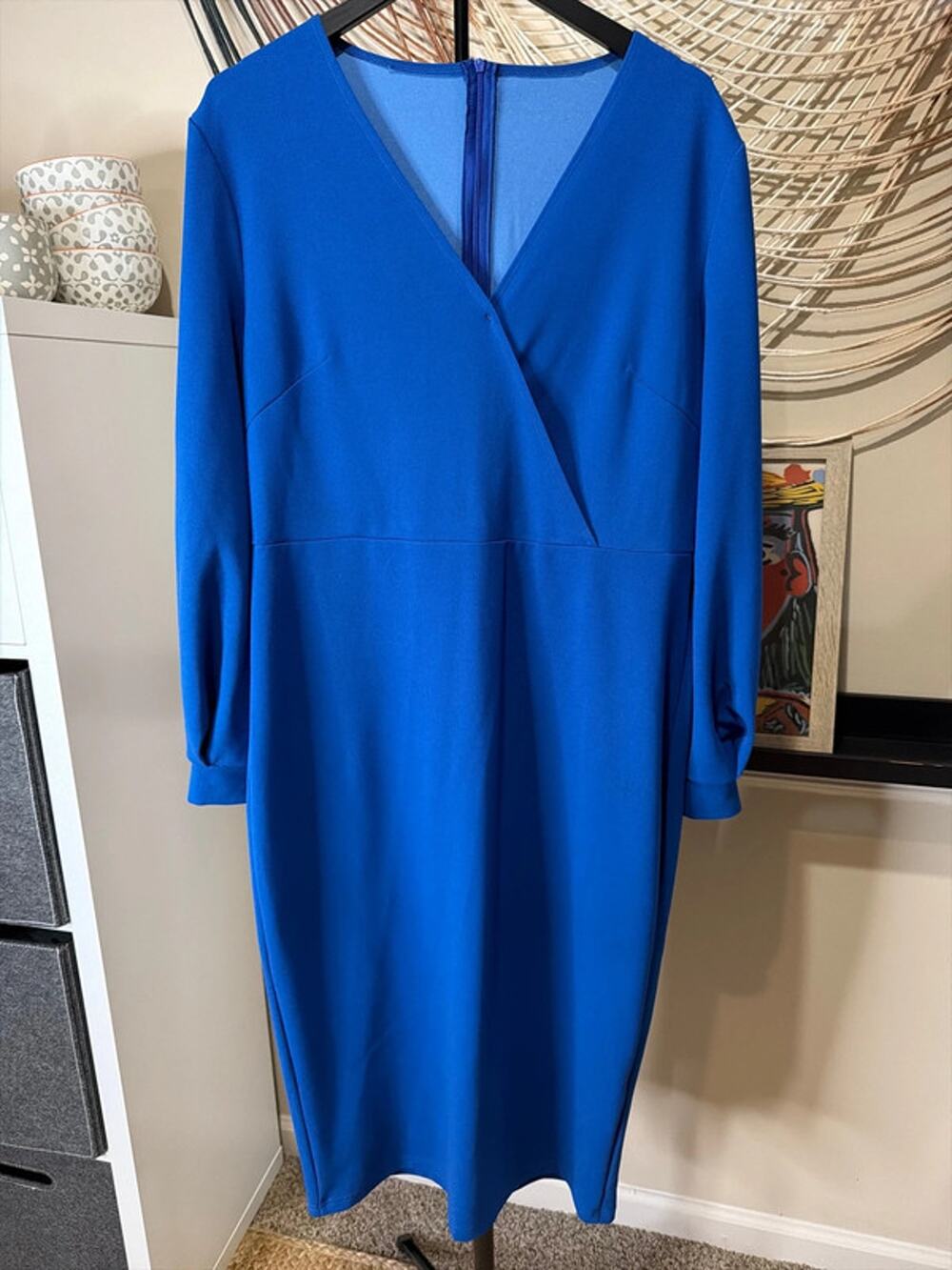 Blue puff sleeve V-neck midi dress XL 3208
